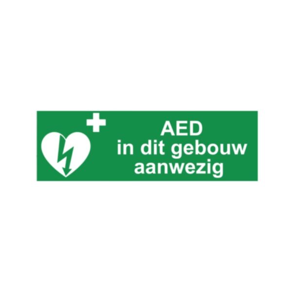 AED-pictogram op sticker "AED in dit gebouw aanwezig"